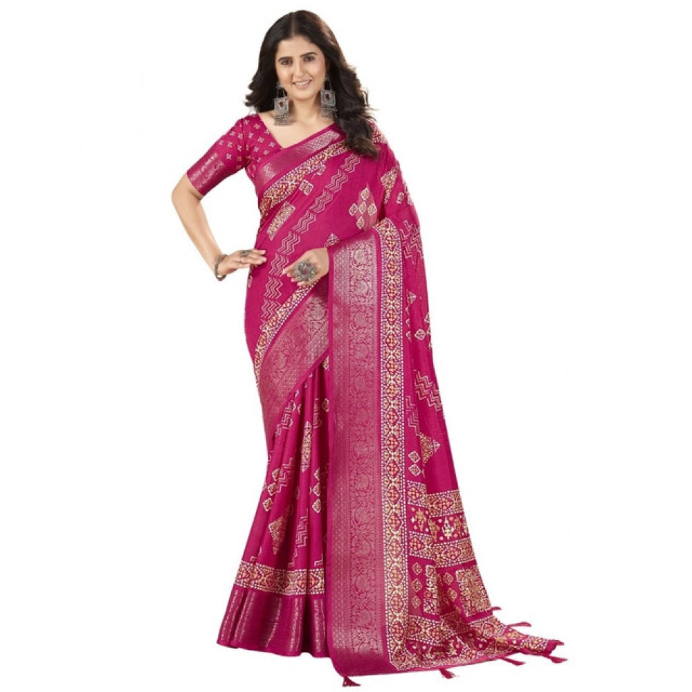 Pink cotton silk printed saree with unstitched blouse (5.5Mtr) - vibrant floral pattern on traditional Indian wear