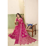 Pink cotton silk printed saree with unstitched blouse (5.5Mtr), traditional Indian women's wear on mannequin