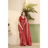 Red cotton silk printed saree with unstitched blouse (5.5Mtr), luxury Indian women's fashion wear