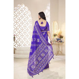 Royal Blue cotton silk printed saree with unstitched blouse, vibrant Indian women's attire on mannequin