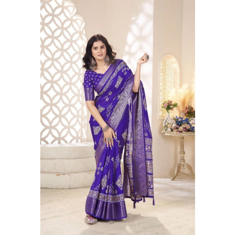 Royal Blue cotton silk printed saree with unstitched blouse, vibrant design on 5.5mtr length