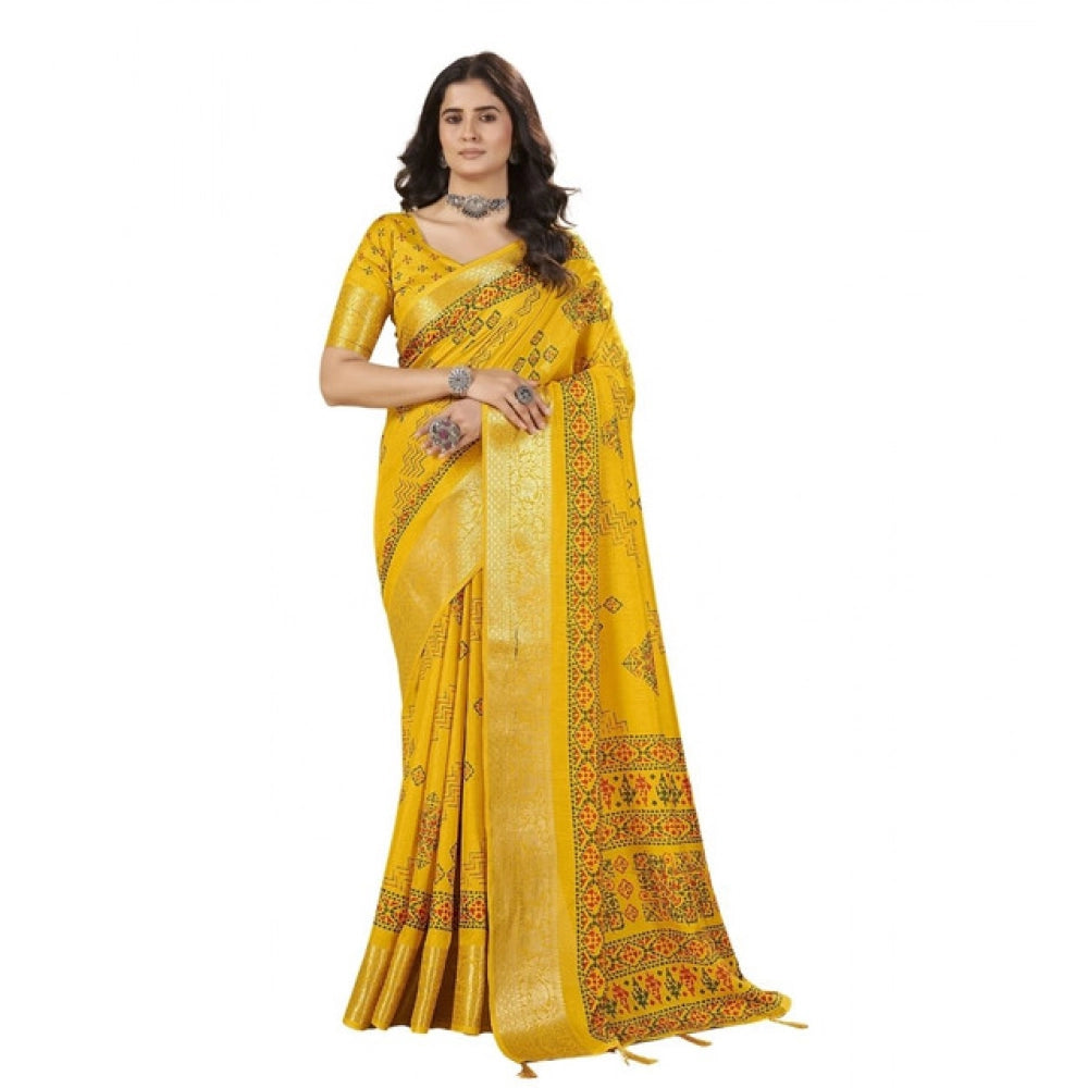 Yellow cotton silk printed saree with unstitched blouse, elegant and vibrant women's traditional Indian wear