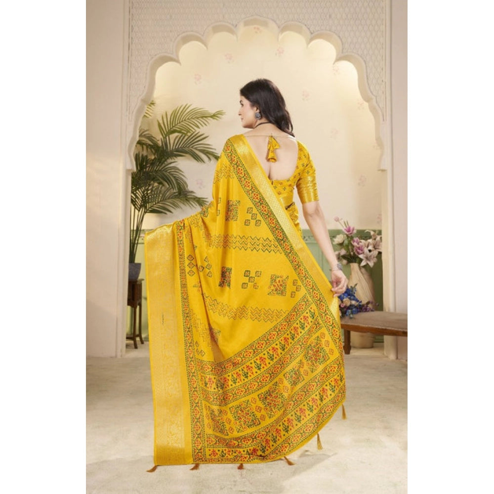 Yellow cotton silk printed saree with unstitched blouse (5.5Mtr), traditional Indian women's wear on mannequin