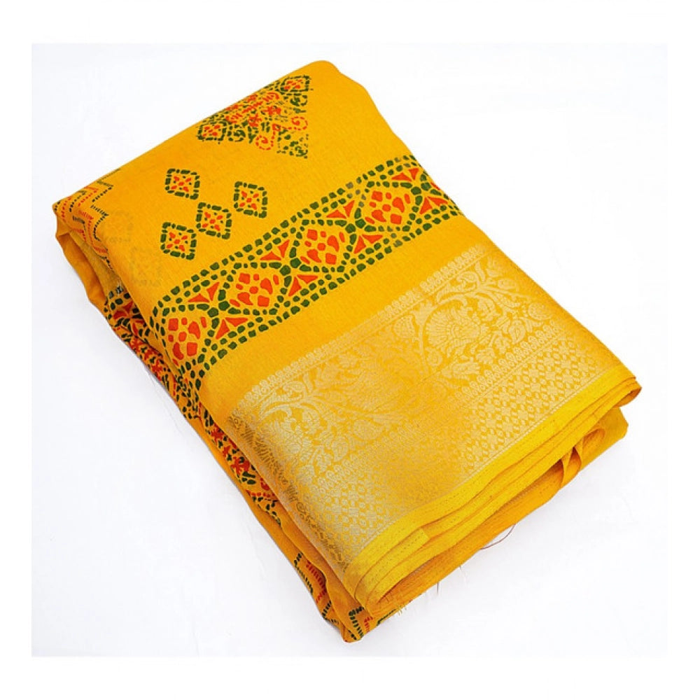 Yellow cotton silk printed saree with unstitched blouse, 5.5mtr for women's traditional Indian wear