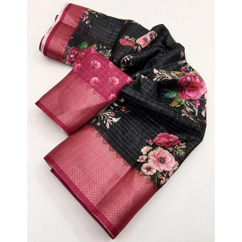Black cotton silk floral printed saree with unstitched blouse (5.5Mtr), elegant women's ethnic wear on display