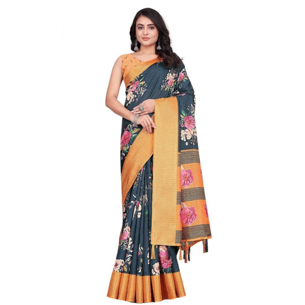 Blue cotton silk floral printed saree with unstitched blouse, vibrant floral patterns on 5.5mtr fabric