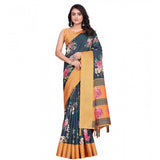 Blue cotton silk floral printed saree with unstitched blouse, vibrant floral patterns on 5.5mtr fabric