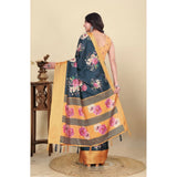 Blue cotton silk floral printed saree with unstitched blouse, vibrant flower pattern on display