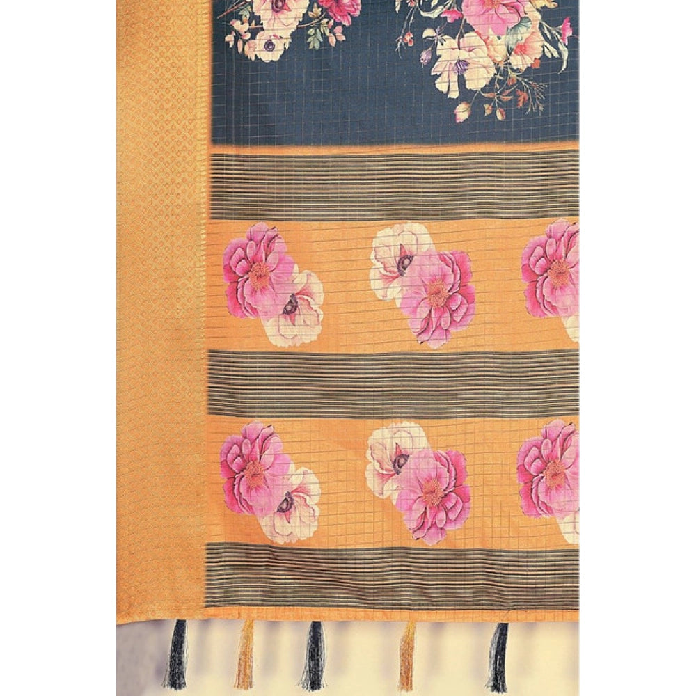 Blue cotton silk floral printed saree with unstitched blouse, vibrant blooms on flowing fabric