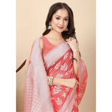 Peach art silk jacquard printed saree with unstitched blouse (5.5mtr), intricate floral design on display