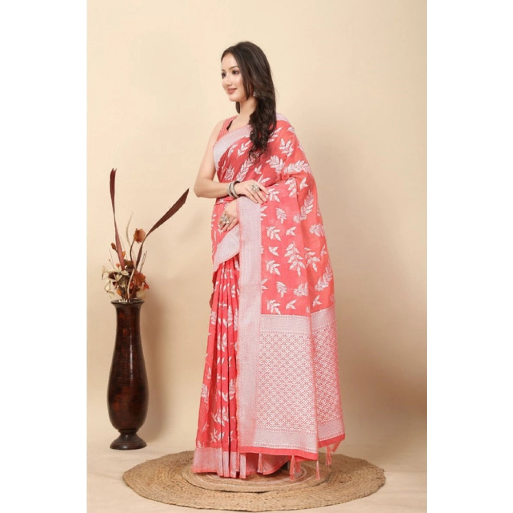 Peach art silk jacquard printed saree with unstitched blouse, vibrant peach floral design on 5.5mtr fabric