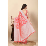 Art silk peach jacquard printed saree with unstitched blouse, 5.5mtr length