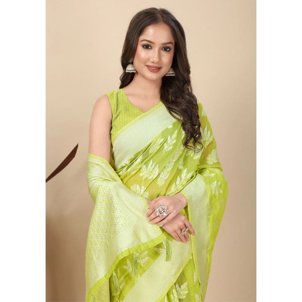 Light green art silk jacquard printed saree with unstitched blouse, vibrant Indian fashion piece on display