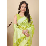 Light green art silk jacquard printed saree with unstitched blouse, vibrant Indian fashion piece on display