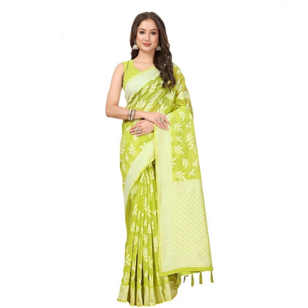 Light green art silk jacquard printed saree with unstitched blouse, vibrant floral design on traditional Indian attire