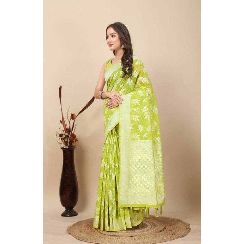 Light green art silk jacquard printed saree with unstitched blouse, vibrant traditional Indian attire on mannequin