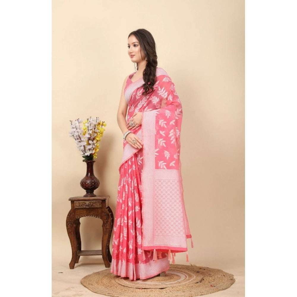 Pink art silk jacquard printed saree with unstitched blouse (5.5Mtr), intricate design for ethnic wear
