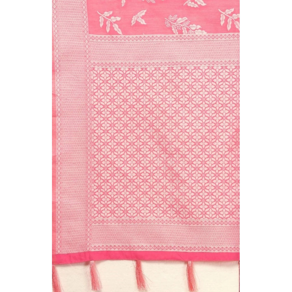Pink art silk jacquard printed saree with unstitched blouse, 5.5mtr length on model