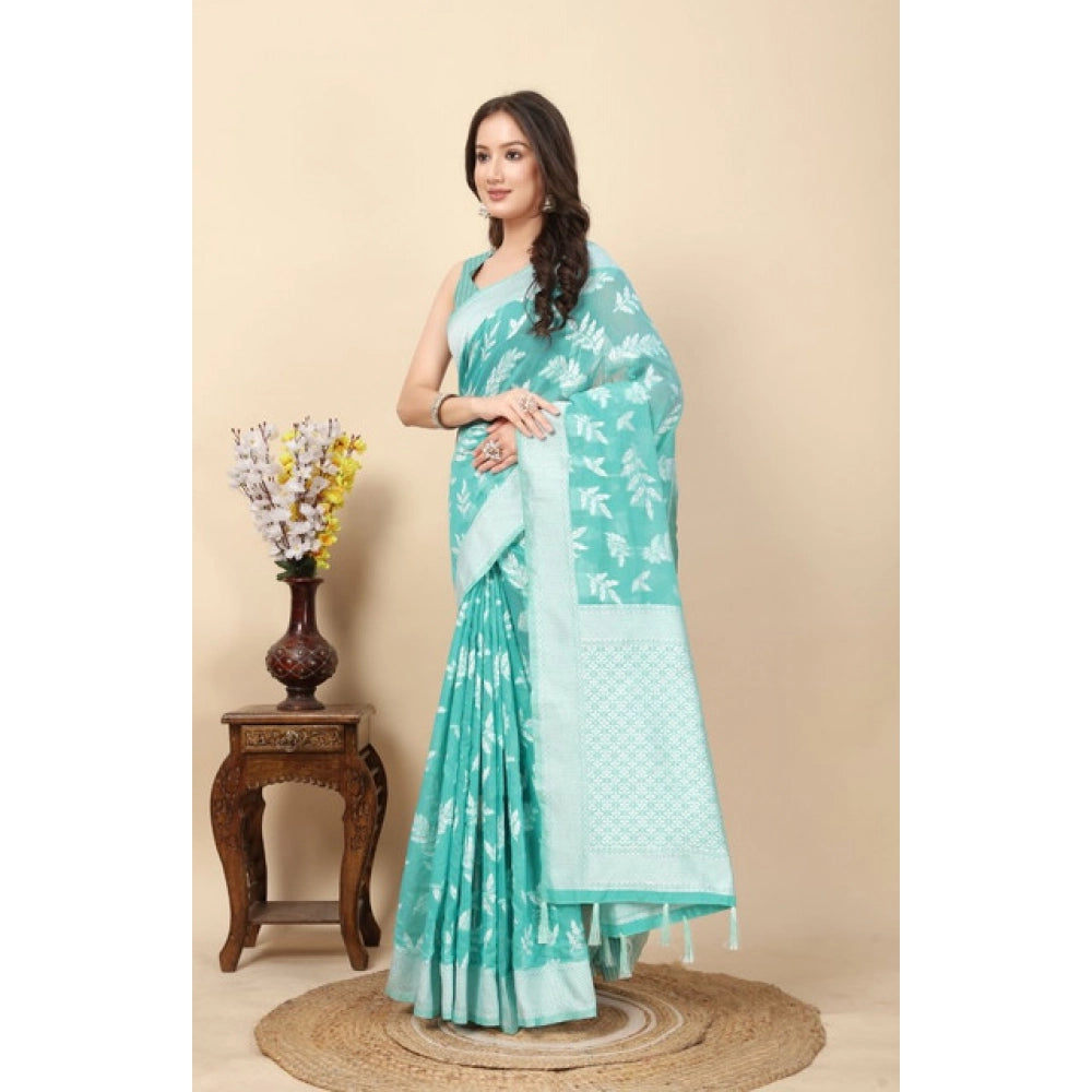 Sky blue art silk jacquard printed saree with unstitched blouse, 5.5Mtr on mannequin for Indian bridal wear