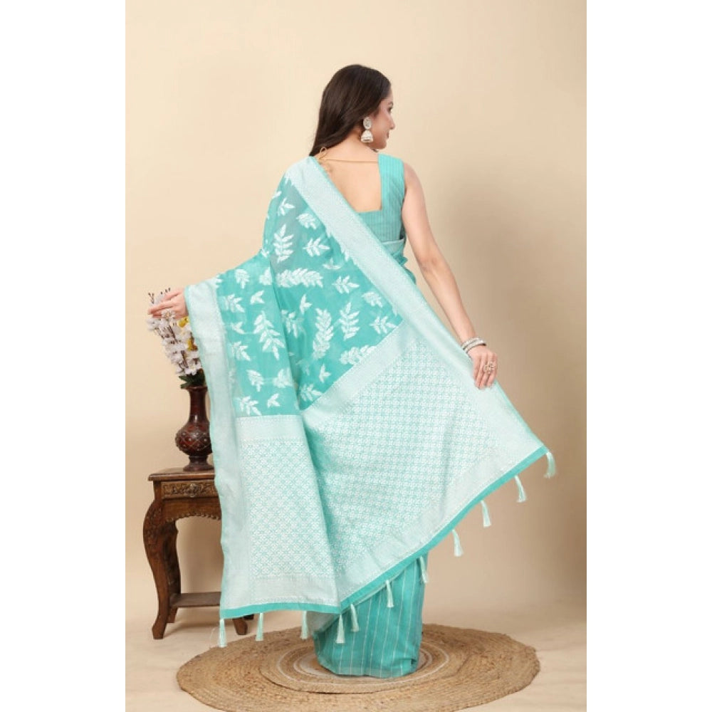 Sky blue art silk jacquard printed saree with unstitched blouse, vibrant design on display