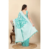Sky blue art silk jacquard printed saree with unstitched blouse, vibrant design on display