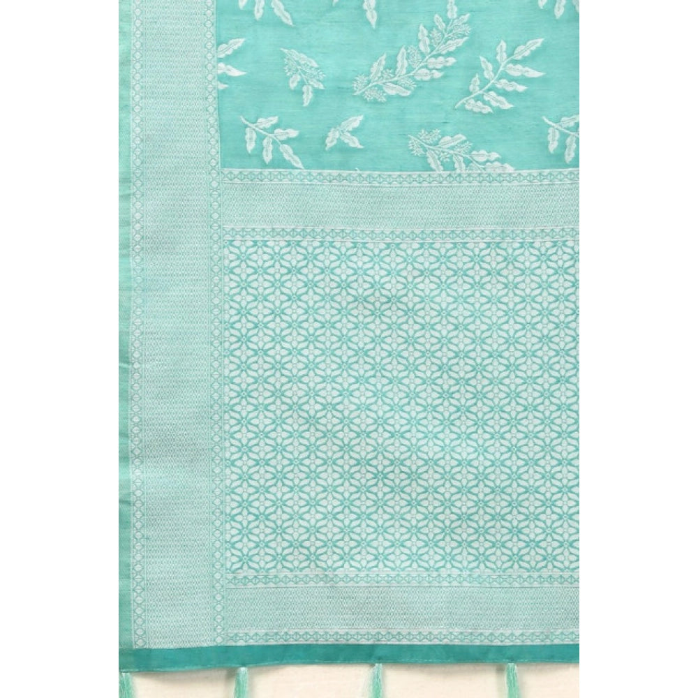 Sky blue art silk jacquard printed saree with unstitched blouse, 5.5mtr, intricate pattern detail