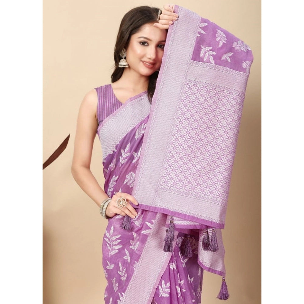 Purple Art Silk Jacquard Printed Saree with Unstitched Blouse (5.5Mtr) - traditional Indian women's fashion accessory