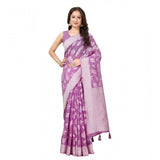 Art silk jacquard printed purple saree with unstitched blouse, vibrant design showcased on mannequin