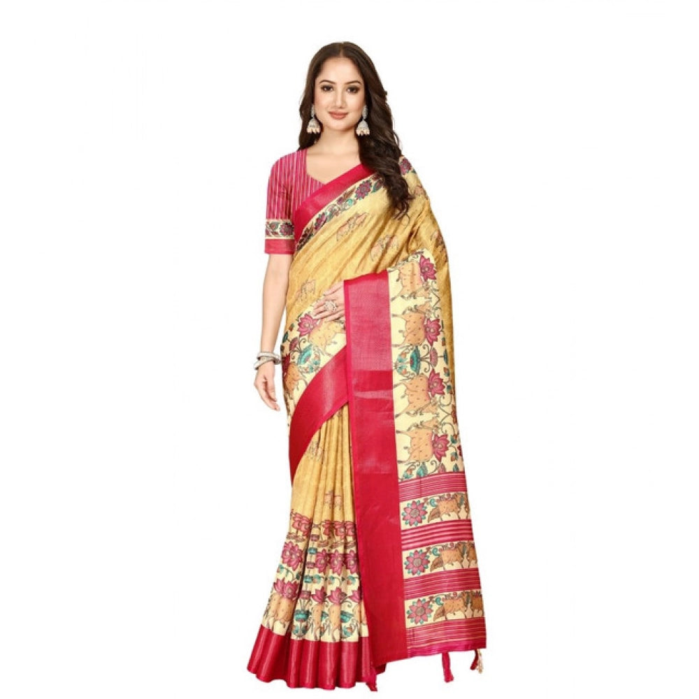 Yellow red cotton silk printed saree with unstitched blouse, vibrant floral pattern on display