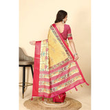 Yellow-Red printed cotton silk saree with unstitched blouse (5.5mtr), women's ethnic wear on mannequin
