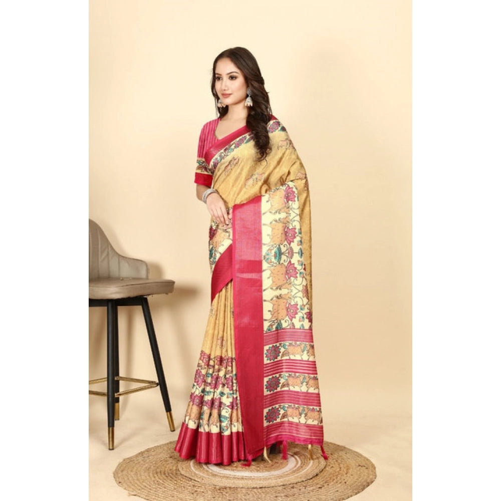 Yellow red cotton silk printed saree with unstitched blouse, vibrant Indian traditional wear