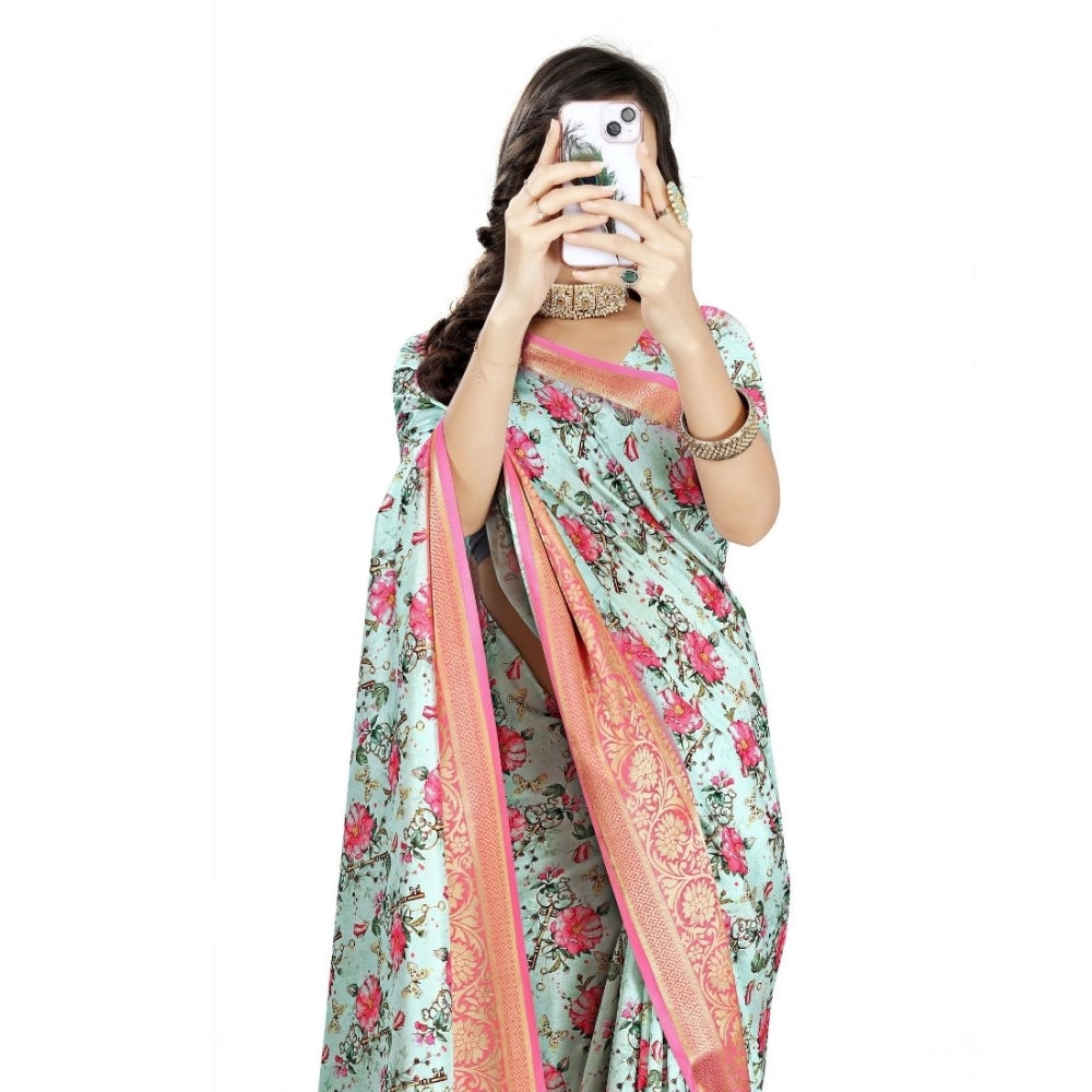 Multicolor cotton silk floral printed saree with unstitched blouse, vibrant Indian women's attire on mannequin