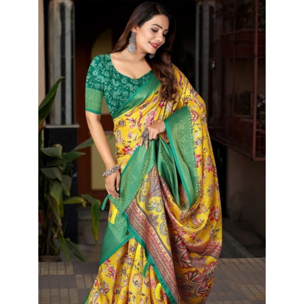 Yellow-green cotton silk floral printed saree with unstitched blouse, 5.5Mtr - traditional Indian women's fashion wear on mannequin