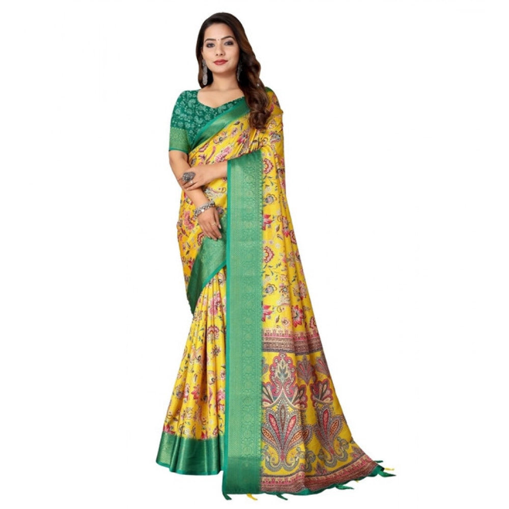 Yellow-green cotton silk floral printed saree with unstitched blouse, vibrant floral patterns on 5.5mtr fabric