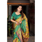 Yellow-green cotton silk floral printed saree with unstitched blouse (5.5Mtr) on model