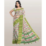 Green-white cotton blend floral printed saree with unstitched blouse, 5.5mtr