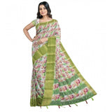 Green-white cotton blend floral printed saree with unstitched blouse (5.5mtr), traditional Indian women's fashion wear