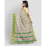 Green-white cotton blend floral printed saree with unstitched blouse (5.5mtr), women's traditional Indian wear