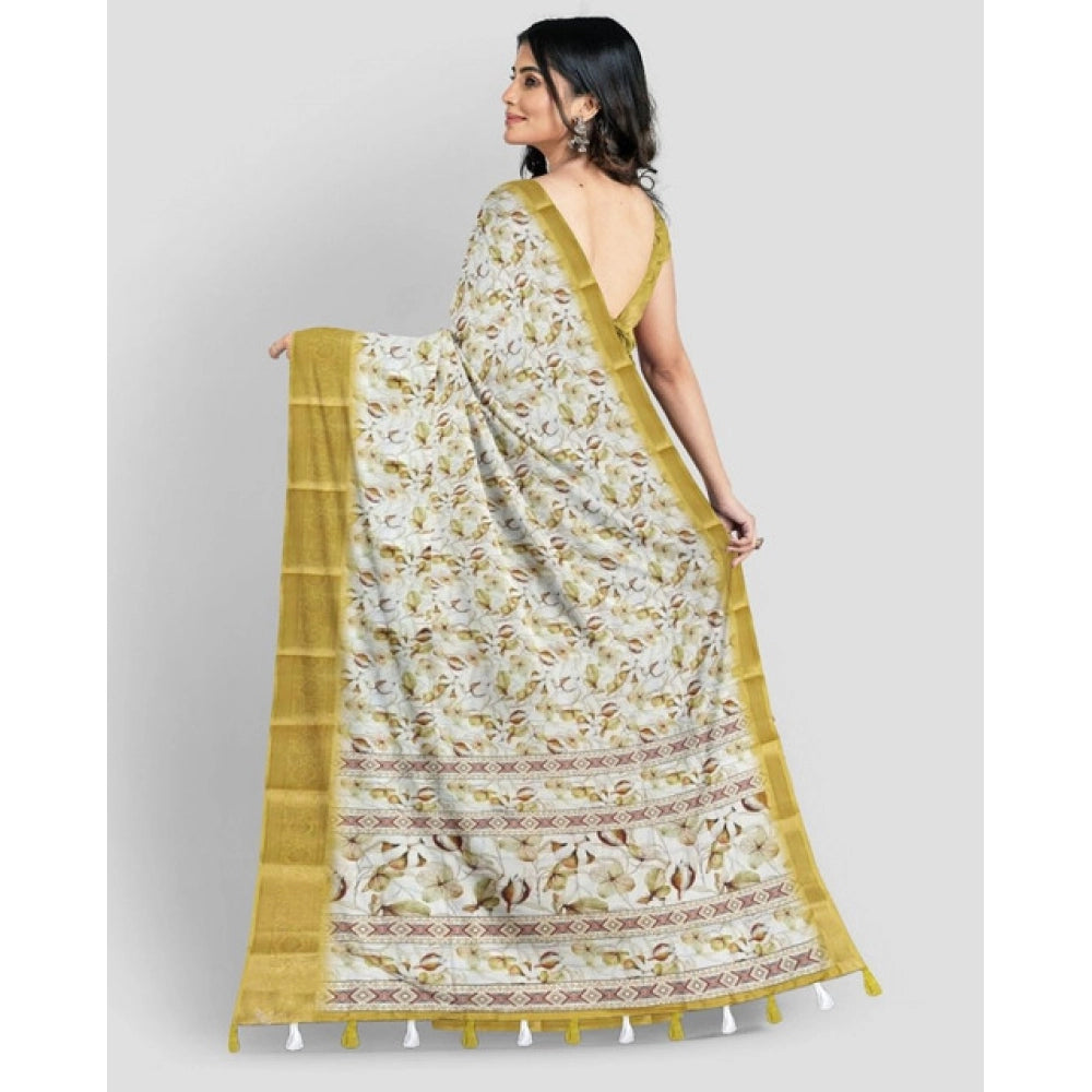 Mustard cotton blend floral printed saree with unstitched blouse, 5.5mtr, vibrant floral design on display
