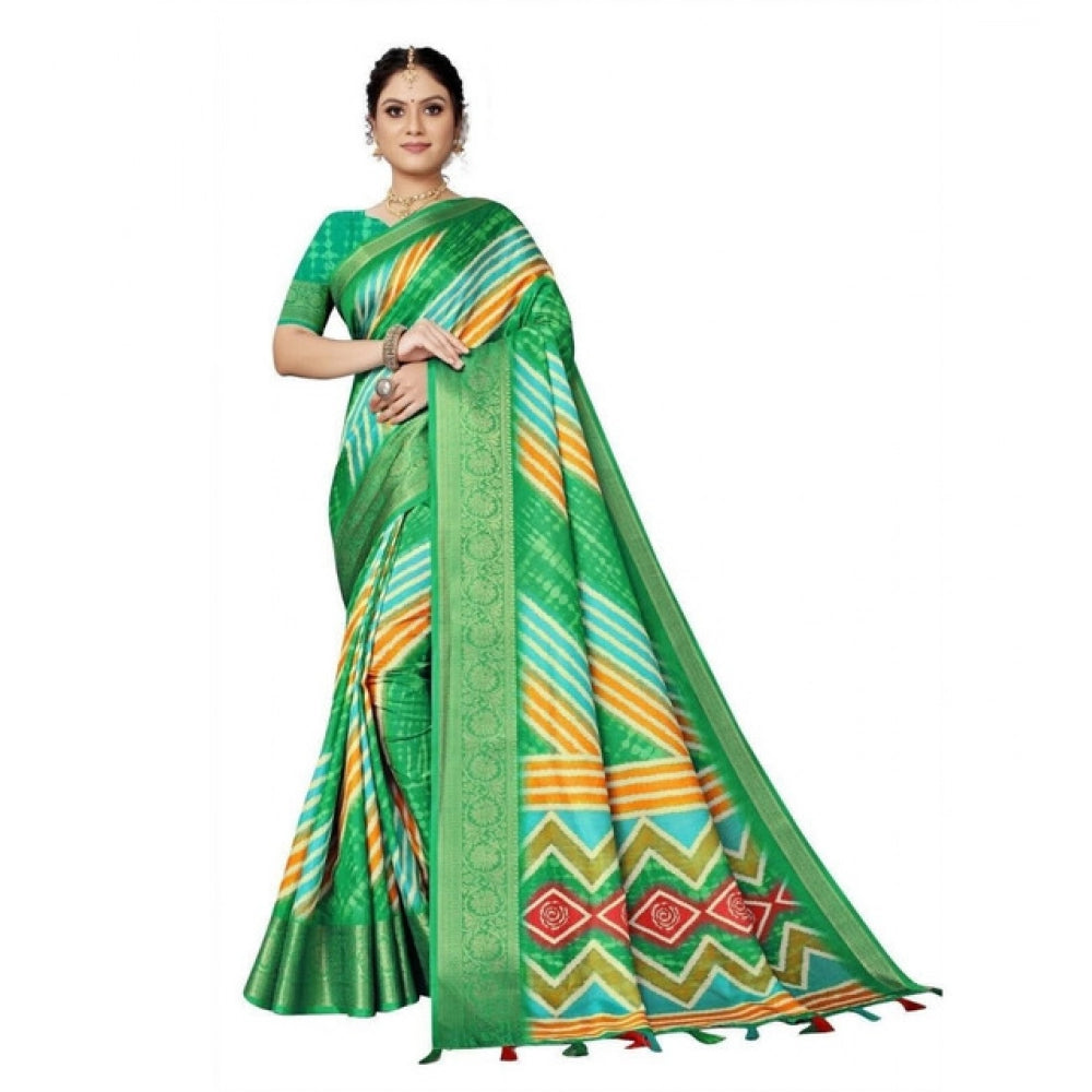 Green cotton silk striped saree with unstitched blouse (5.5mtr), women's fashion accessory on hanger