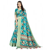 Turquoise cotton silk floral printed saree with unstitched blouse (5.5Mtr), traditional Indian women's attire on display