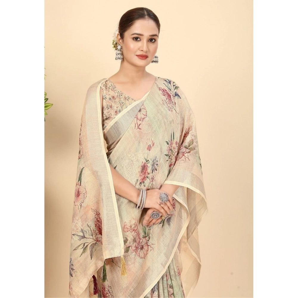 Cream cotton silk floral printed saree with unstitched blouse (5.5Mtr), women's traditional Indian wear
