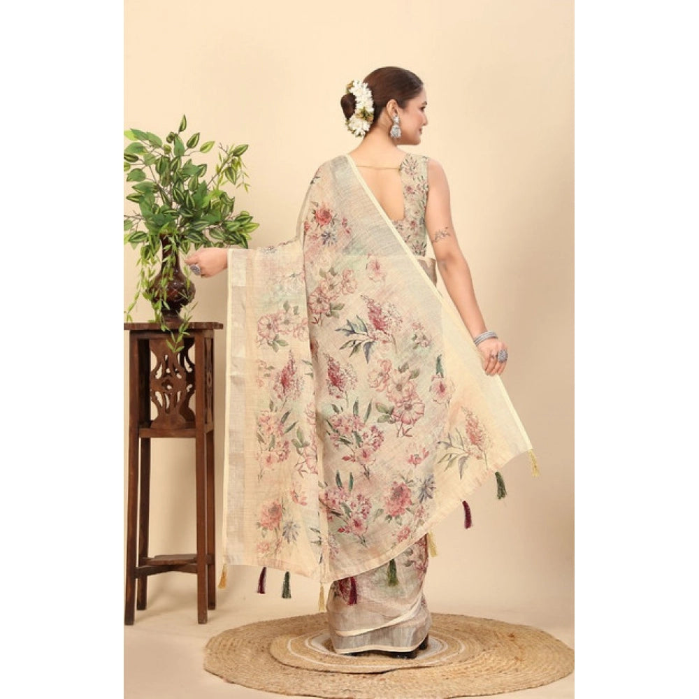 Cream cotton silk floral printed saree with unstitched blouse (5.5Mtr), vibrant blooms on traditional Indian women's attire