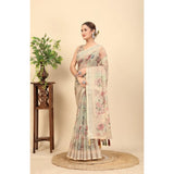 Cream cotton silk floral printed saree with unstitched blouse (5.5mtr) - vibrant floral design, traditional Indian wear on mannequin