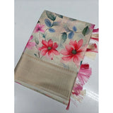 Beige cotton silk floral printed saree with unstitched blouse (5.5mtr), traditional Indian wear for women