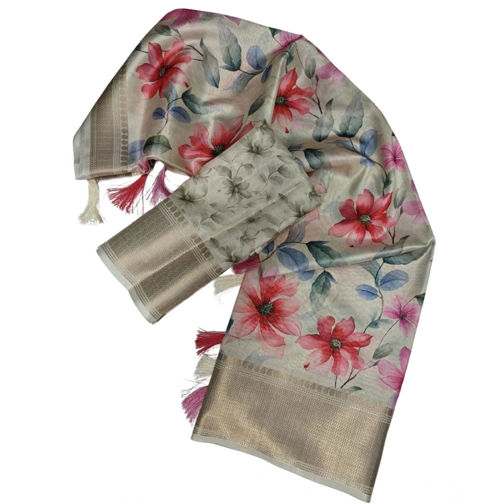Beige cotton silk floral printed saree with unstitched blouse (5.5Mtr), traditional Indian wear for women