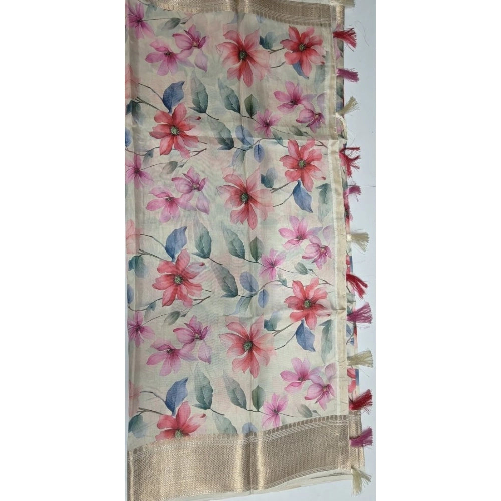 Beige cotton silk floral printed saree with unstitched blouse (5.5mtr), traditional Indian women's wear on mannequin