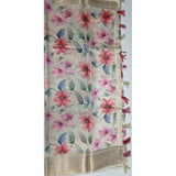 Beige cotton silk floral printed saree with unstitched blouse (5.5mtr), traditional Indian women's wear on mannequin