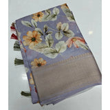 Grey cotton silk floral printed saree with unstitched blouse, 5.5mtr length