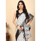 White-black cotton silk printed saree with unstitched blouse (5.5Mtr) on mannequin